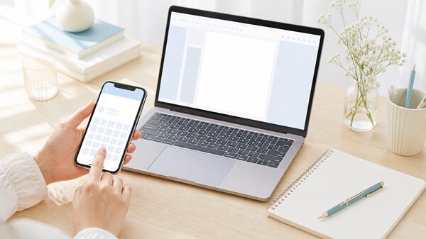 今の異体字の出し方をスマホとパソコンで確認しているイラスト