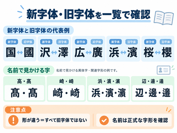 新字体・旧字体と名前で使われる異体字の代表例