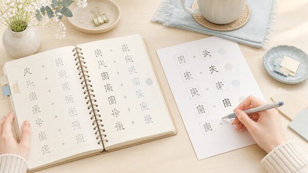 旧字と現在使う漢字をノートで見比べて確認しているイラスト