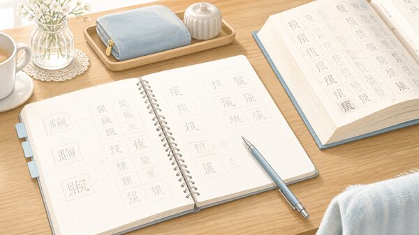 旧字の読み方をノートと辞書でやさしく確認しているイラスト