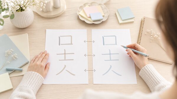 旧字体と新字体の形の違いを紙で見比べているイラスト