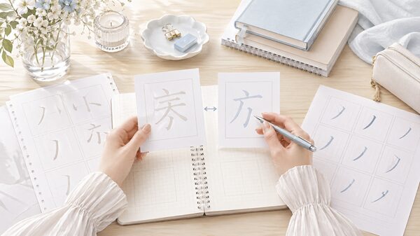 旧字体と新字体の違いをノートで確認しているやさしいイラスト