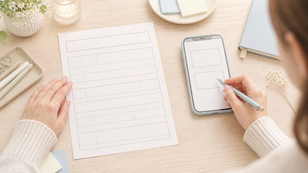名前の旧字体と新字体の表記を申込書とスマホで確認しているイラスト