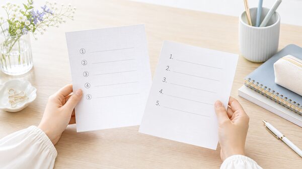 丸数字と通常の番号表記を見比べて使い分けを確認しているイラスト