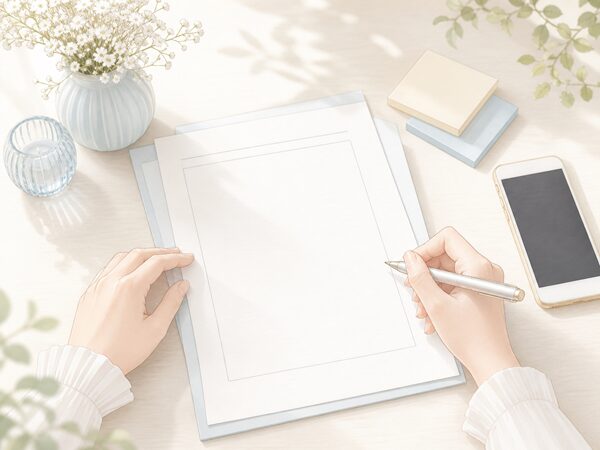 旧字体の名前表記を無地の書類とスマホで確認しているやさしいイラスト