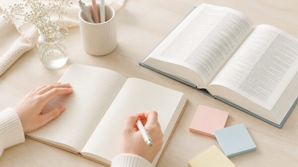 おざなりとなおざりの違いをノートで確認するやさしい雰囲気のイラスト