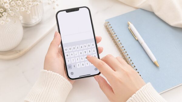 スマホのキーボードで特殊文字を探している手元のイメージ