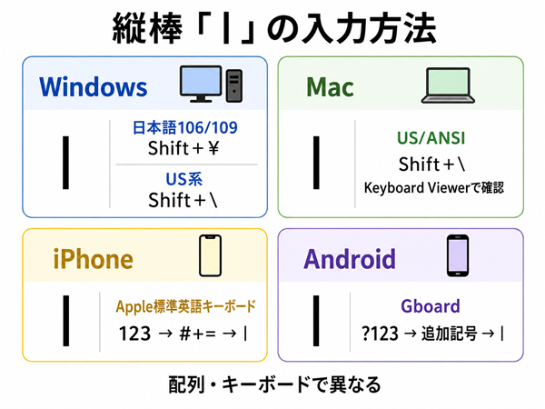 Windows・Mac・iPhone・Gboardの縦棒入力方法