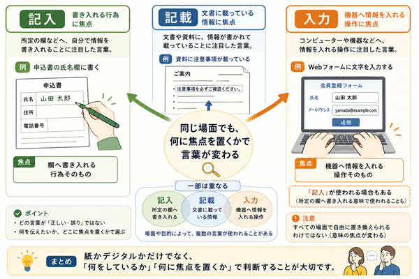 記入・記載・入力を行為の焦点と置き換え条件で比較した図