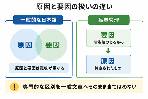 一般語と品質管理での原因と要因の扱いを比べた図