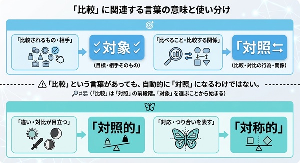 「比較」に関連する対象、対照、対照的、対称的の意味と使い分けを図解した画像。