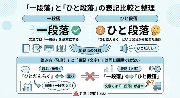 「一段落」は文章の基本表記。発音と表記の違いや混同しない注意点を図解している。