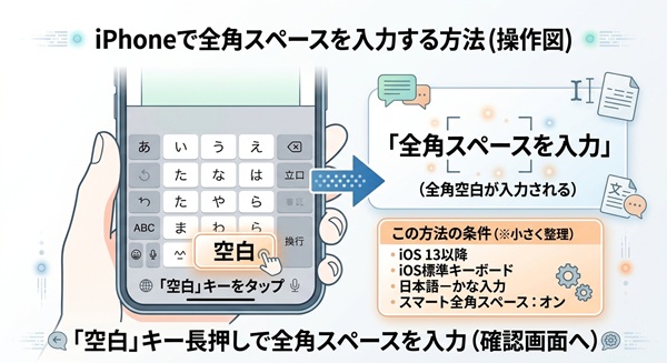 iPhoneの日本語かな入力で「空白」を長押しして全角スペースを入力する操作手順と条件を示す図解。