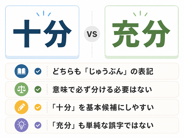 「十分」と「充分」の共通点と使い分けを整理した図