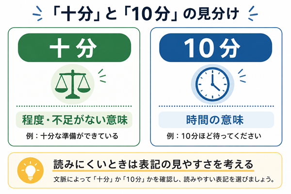 「十分」と「10分」の意味と見分け方を比較した図