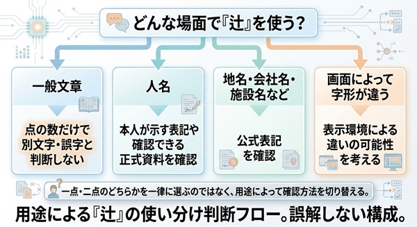 「辻」の字形(一点・二点しんにょう)を場面(一般文章、人名など)で使い分ける判断フロー図。