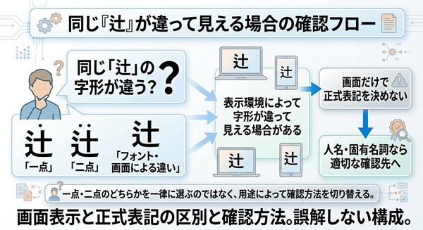 「辻」の字形(一点・二点)の違いについて、表示環境による差異と正式表記の確認フローを示す図。