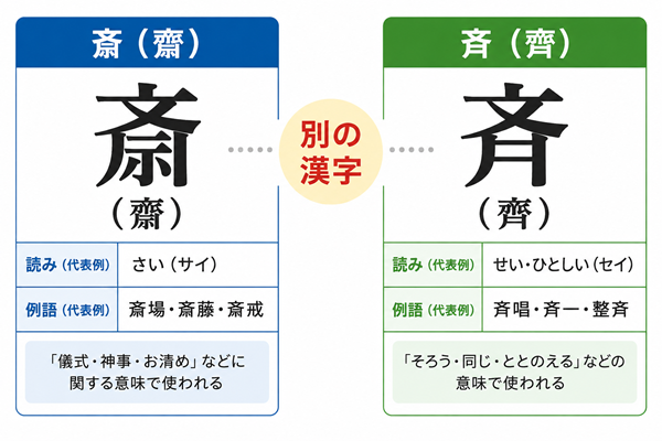 斎と斉の読みや例語を左右で比較した図