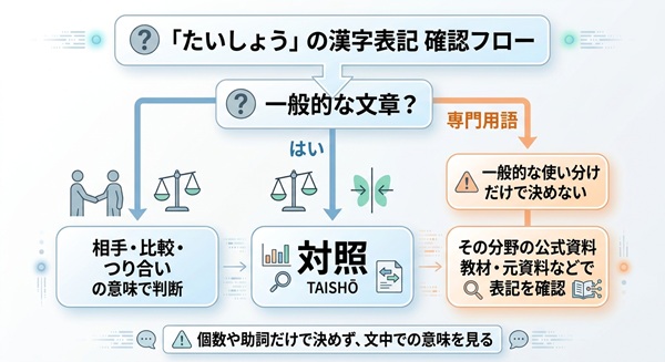 「たいしょう」の漢字表記の確認フロー。一般的な文章か専門用語かで判断し、表記を確認する。