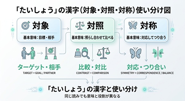 対象・対照・対称という「たいしょう」の漢字の意味と使い分けを図解した比較図。