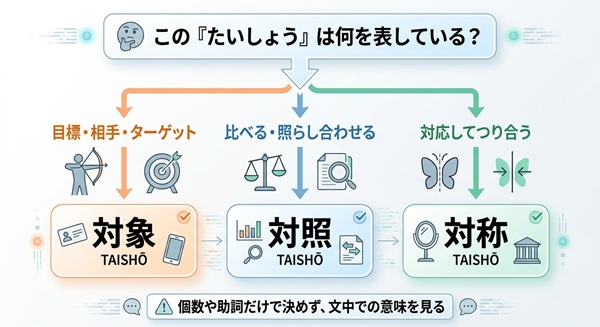 対象・対照・対称という3つの「たいしょう」の漢字の使い分け方を、意味から判断するフロー図。