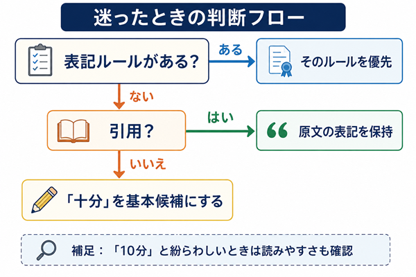 「十分」と「充分」を選ぶときの判断順を示すフロー図