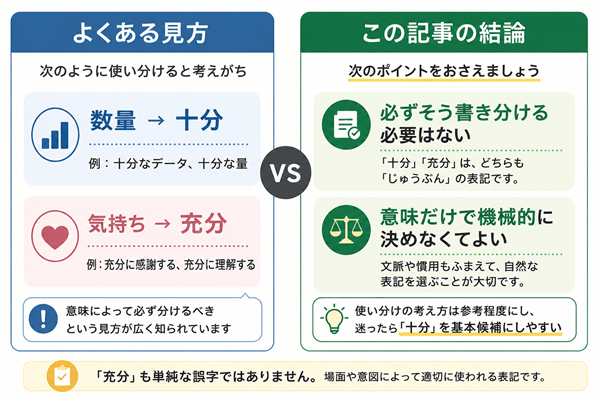 十分と充分のよくある使い分けと実際の考え方を比較した図
