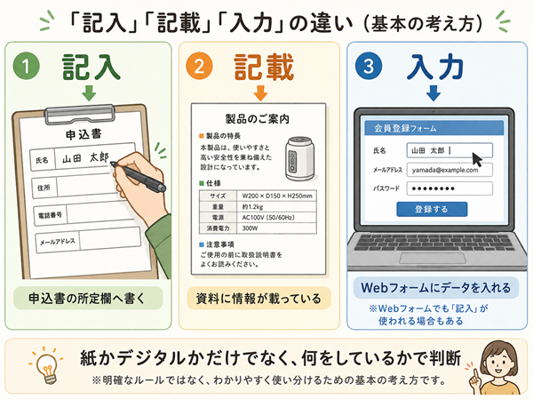 申込書・資料・Webフォームで記入・記載・入力を使い分ける図