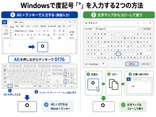 WordのAlt+0176と文字マップで度記号を入力する手順
