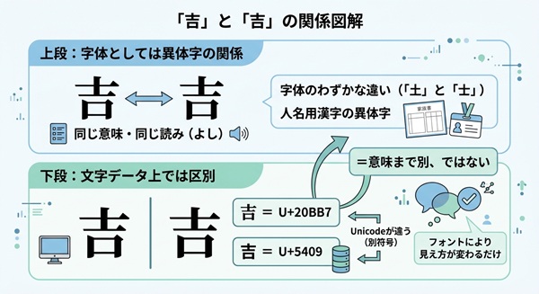 「吉」と「」が異体字であり、文字データでは別符号として区別されることを示す図。
