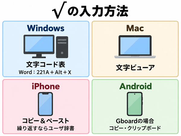 Windows・Mac・iPhone・Androidの√入力方法比較
