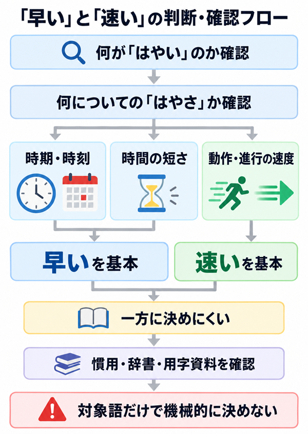 「早い」「速い」で迷ったときの確認順を示す図