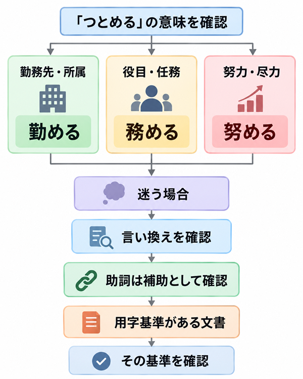 勤務・役目・努力から「つとめる」の漢字を判断する流れ