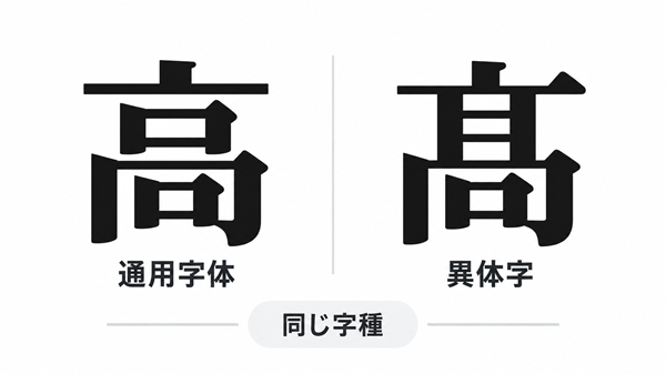高と髙が同じ字種の異体字であることを示す比較図